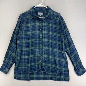 Michael Stars Flannel Shirt Womens L Blue Green Plaid Button Up Light‎ Weight